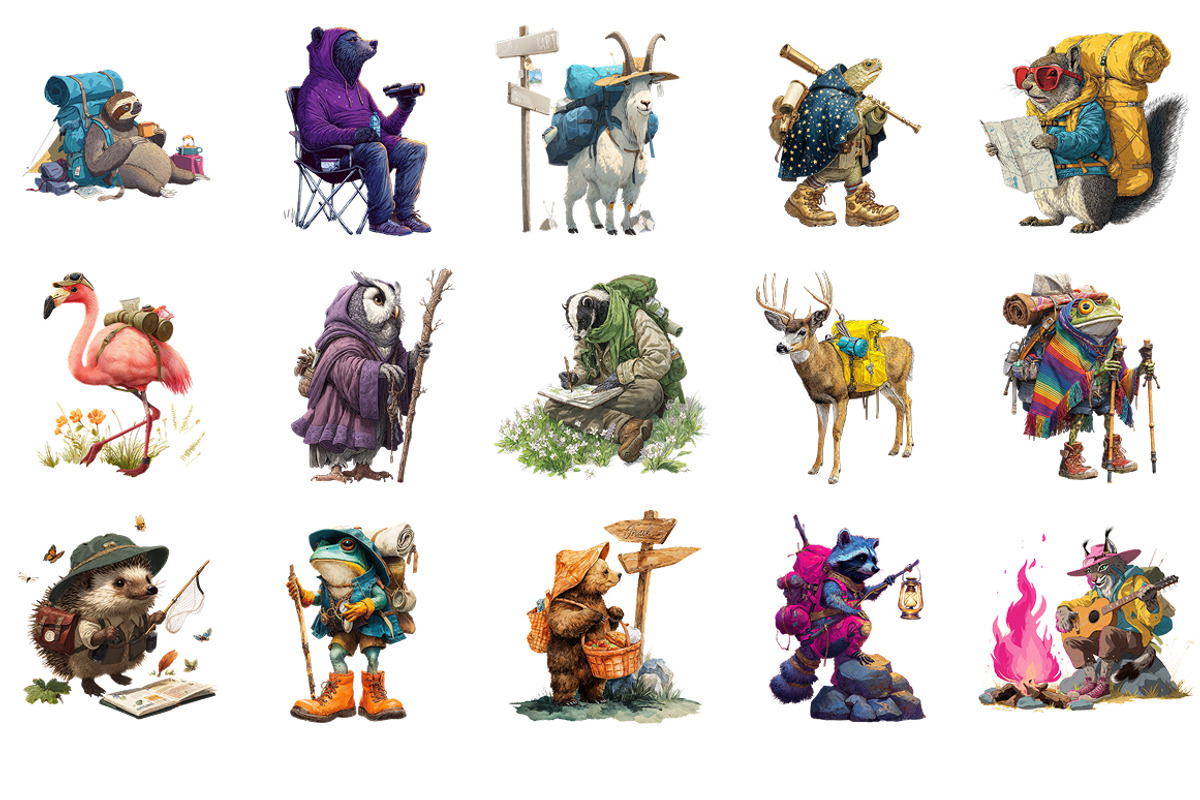 Camping Animals Clipart Bundle 27PNG, an Animal Illustration by InkyQueenArt (Photo 2 of 8)