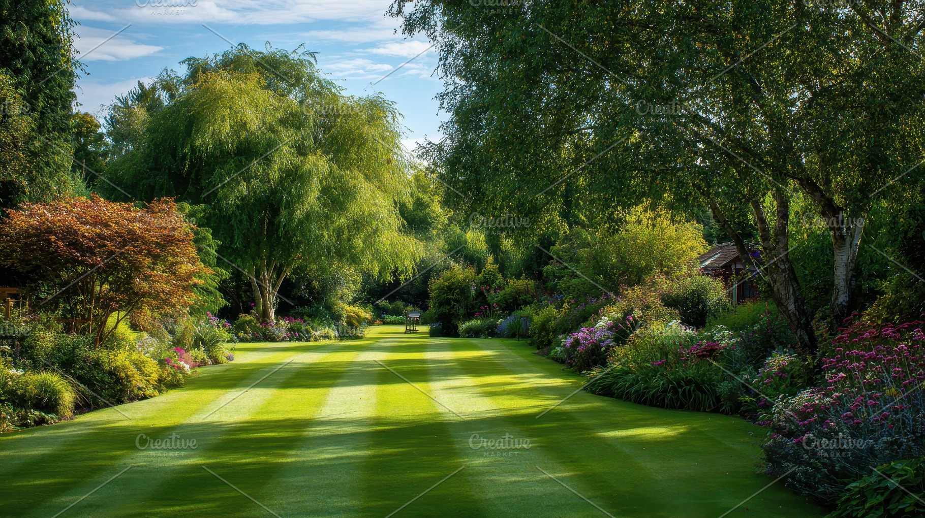 Green garden path with trees, flower, a Nature Photo by Pavel_design