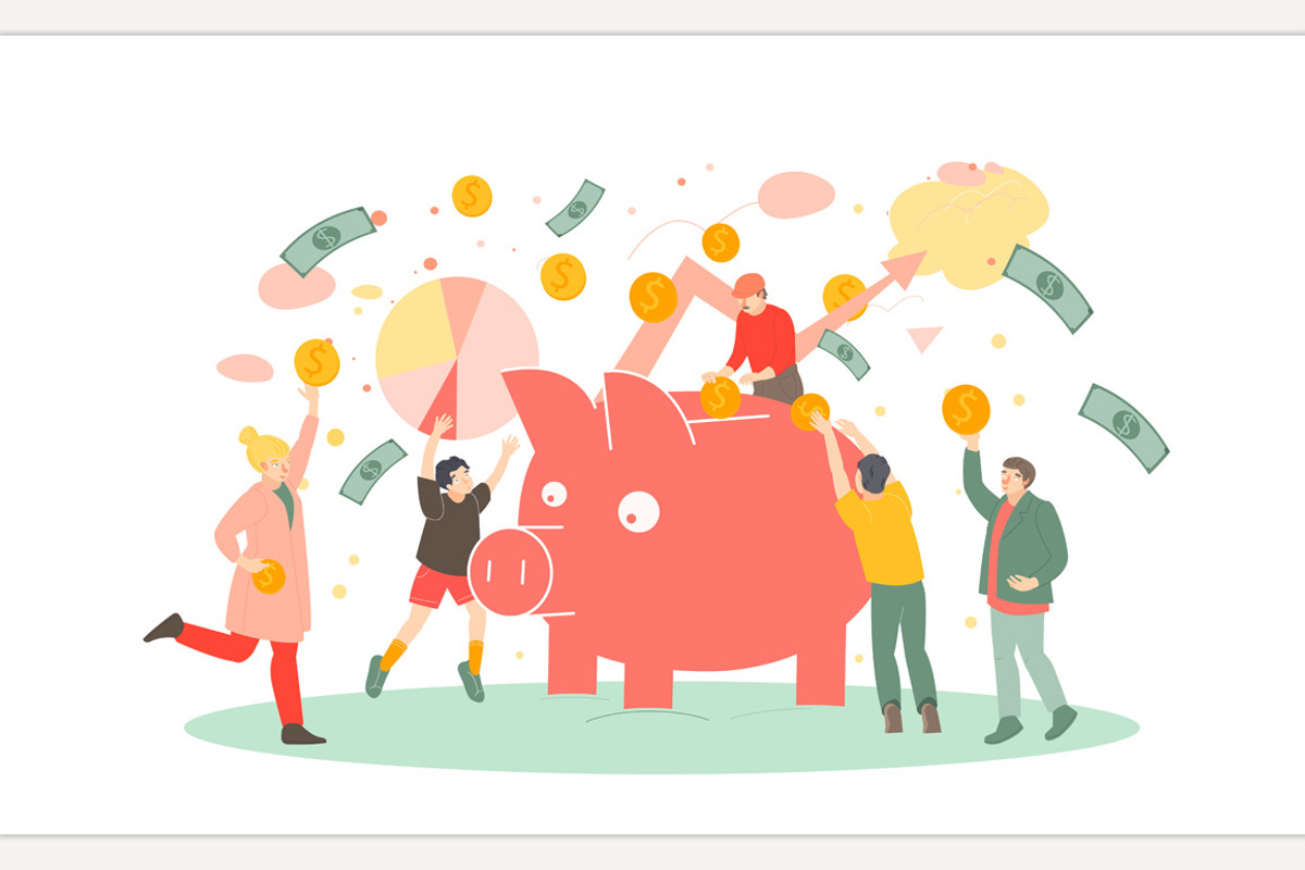 Large piggy bank with people collect, a Finance Illustration by Anna's Shop