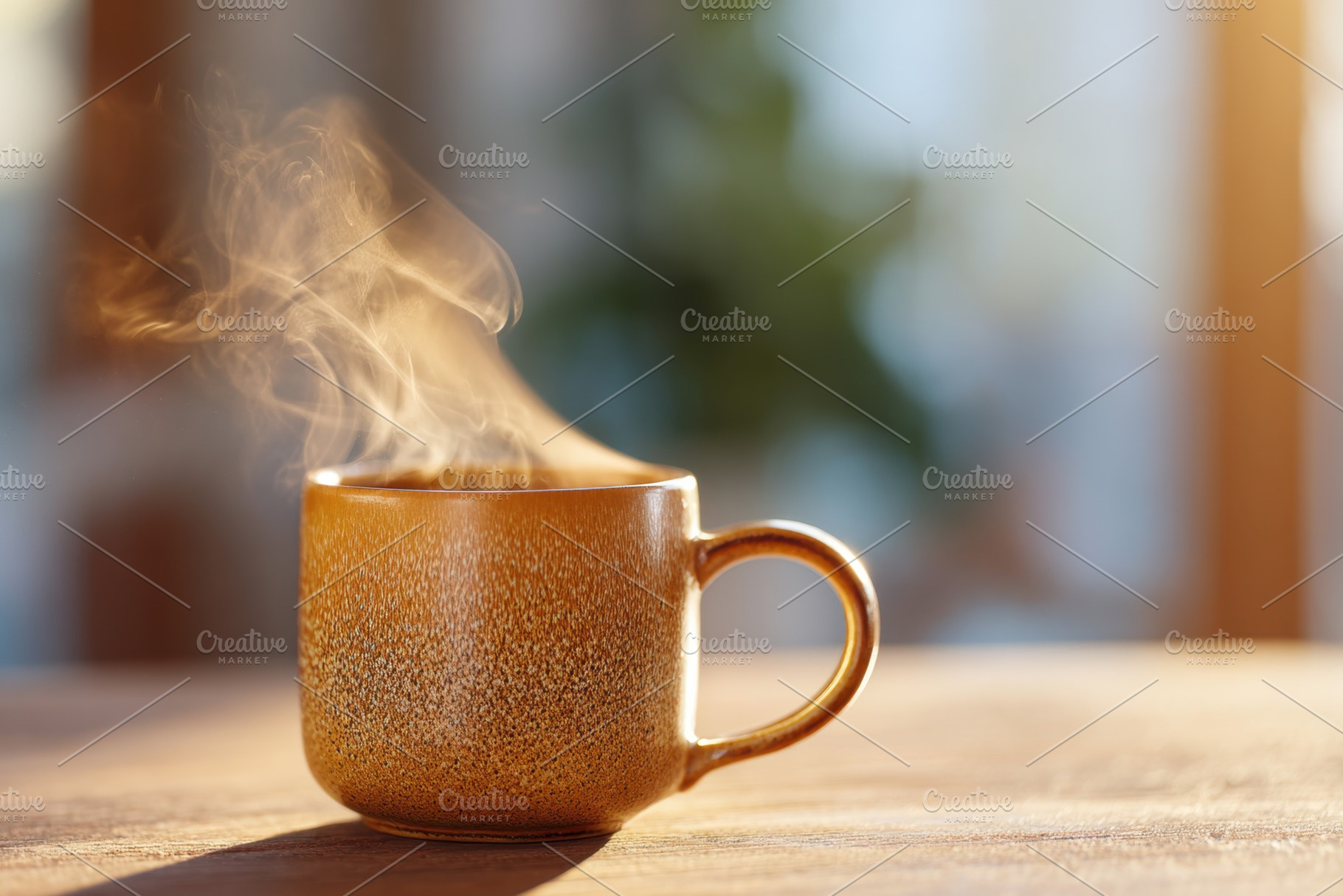 Steaming cup of coffee on a wooden table, a Food & Drink Photo by AlyaAnd