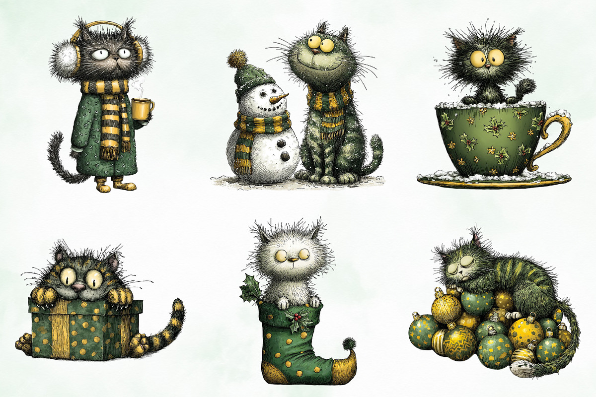 Whimsical Christmas Cats Clipart, an Illustration by Creative Art (Photo 2 of 10)