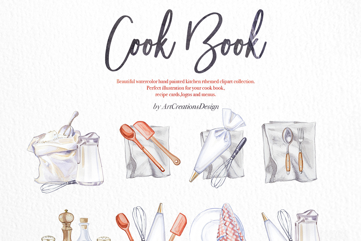 Watercolor Cook Book Clipart Set, a Food Illustration by ArtCreationsDesign (Photo 3 of 7)
