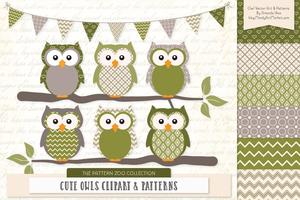 Owls Clipart & Patterns in Avocado, an Animal Illustration by Amanda Ilkov (Photo 1 of 4)
