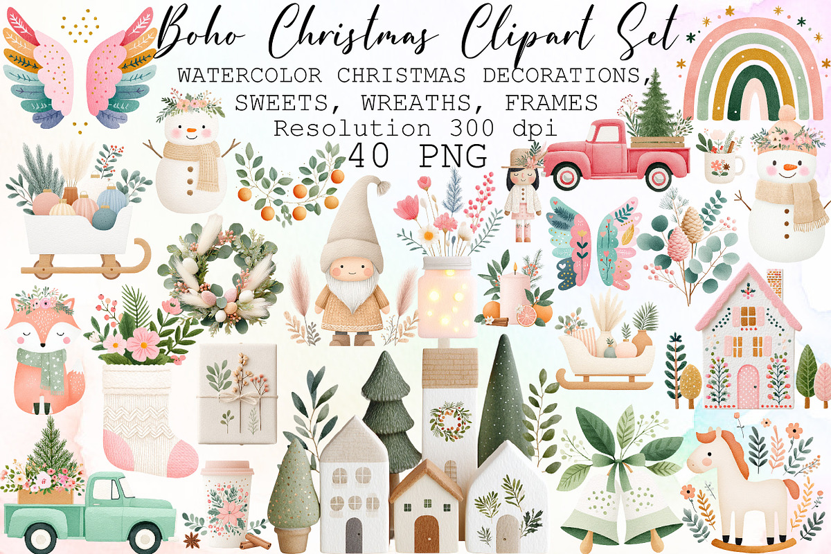 Watercolor Boho Christmas Clipart Se, an Illustration by Sublimation Artist (Photo 1 of 6)