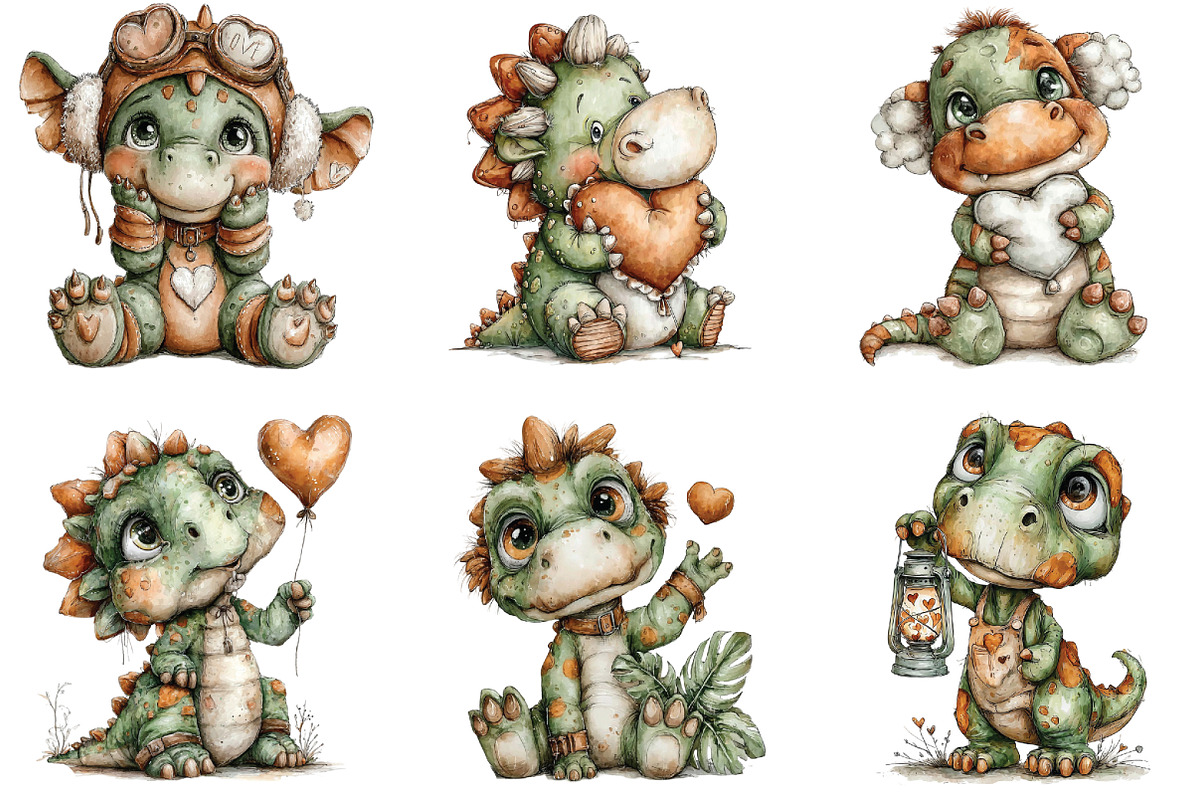 Whimsical Dinosaur Valentine Clipart, an Illustration by CraftArtStudio (Photo 2 of 6)
