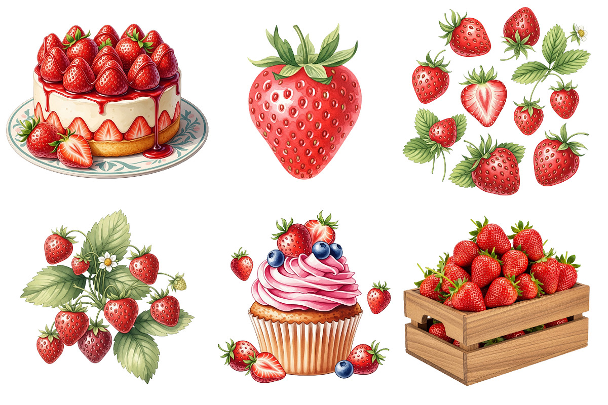 Strawberry-Themed Watercolor PNG, an Illustration by SinaCreation (Photo 3 of 9)