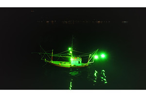 Fishing boat with green lights, a Transportation Photo by Goinyk