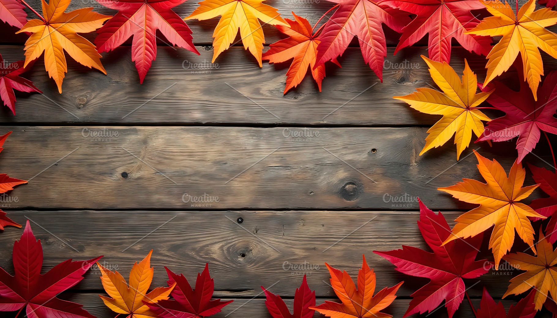Autumn Maple Leaves on Rustic Wood, a Photo by LOGOCREATIVE