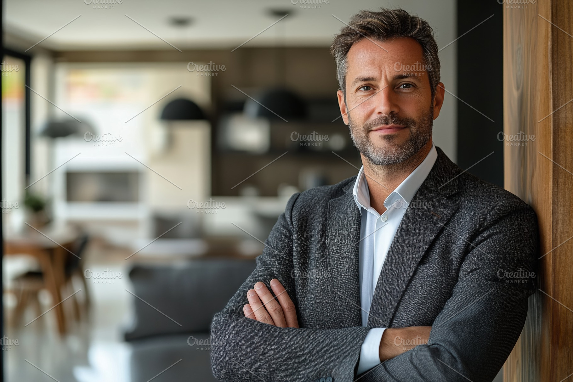 A confident realtor man in a suit stands with arms crossed against a wooden wal, a Person Photo by Textures & Backgrounds