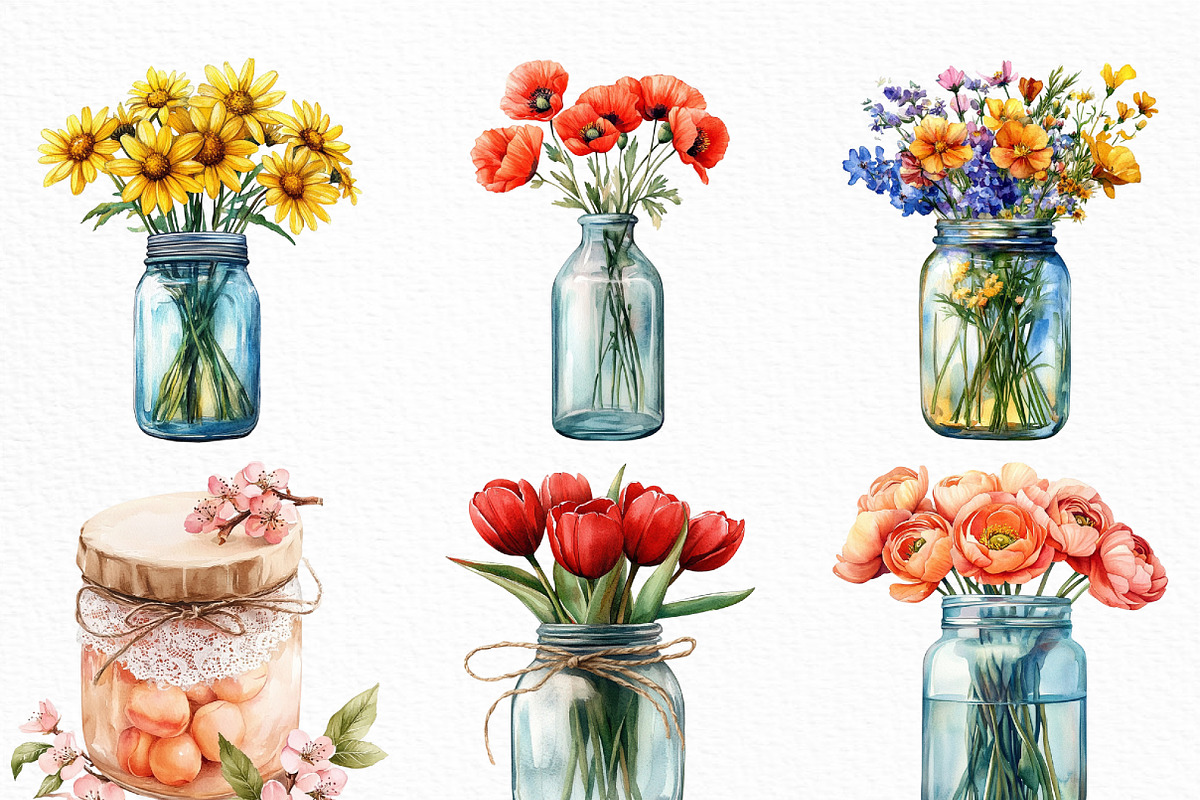 Watercolor Flower Jar Clipart Bundle, an Illustration by Craft Nest (Photo 3 of 6)