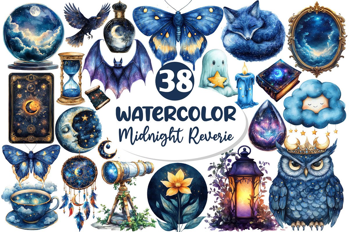 Watercolor Midnight Reverie Clipart, an Illustration by Dream Creation (Photo 1 of 7)