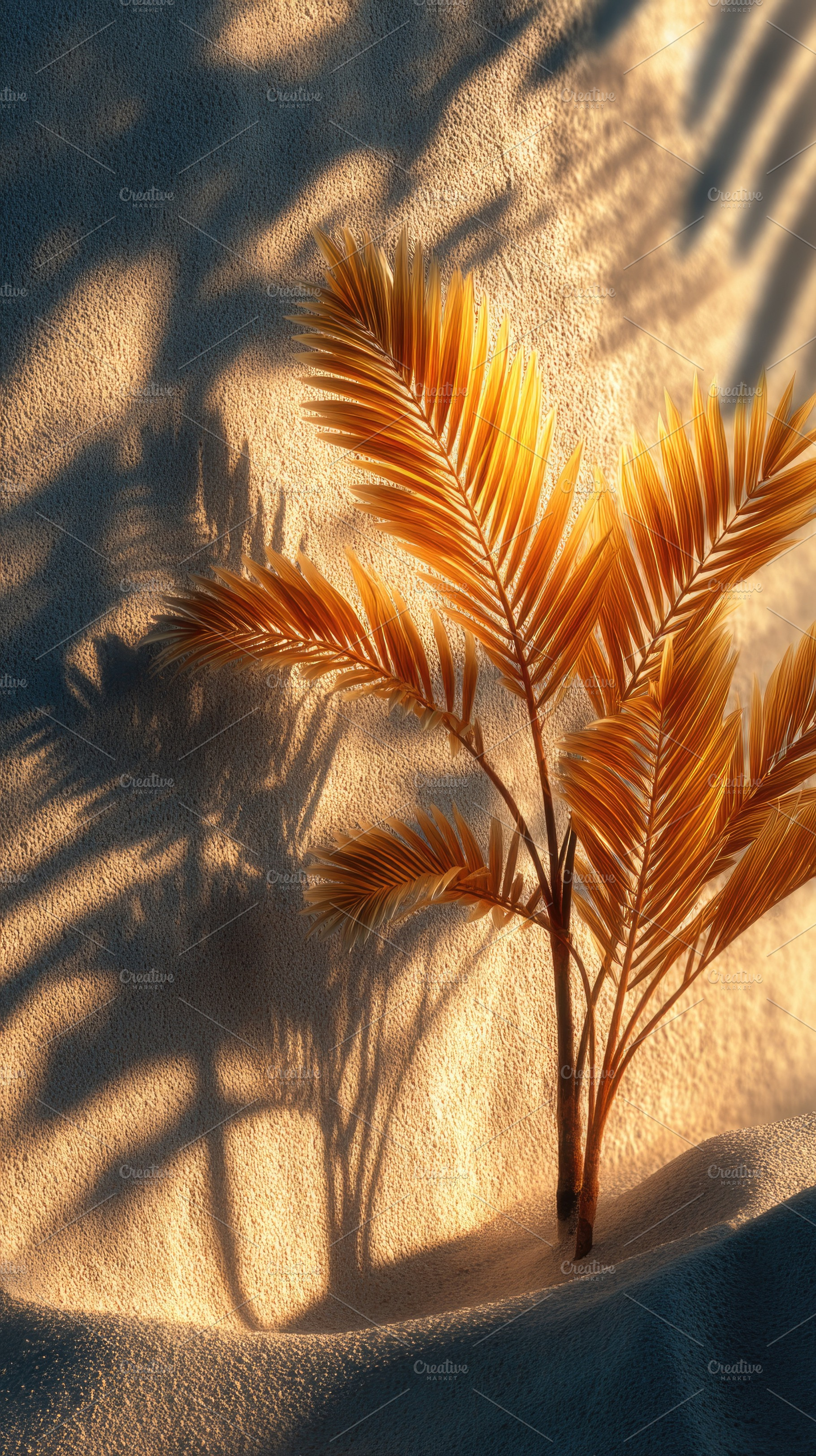 Golden palm leaves with dramatic shadows on textured wall in war, a Beauty & Fashion Photo by José Manuel Gelpi