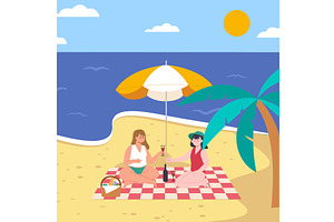 Girls on beach picnic. Friends, a Sport Illustration by LadadikArt