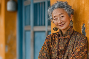 Senior Asian woman portrait in traditional patterned coat smiling gently while, a Photo by AS photostudio