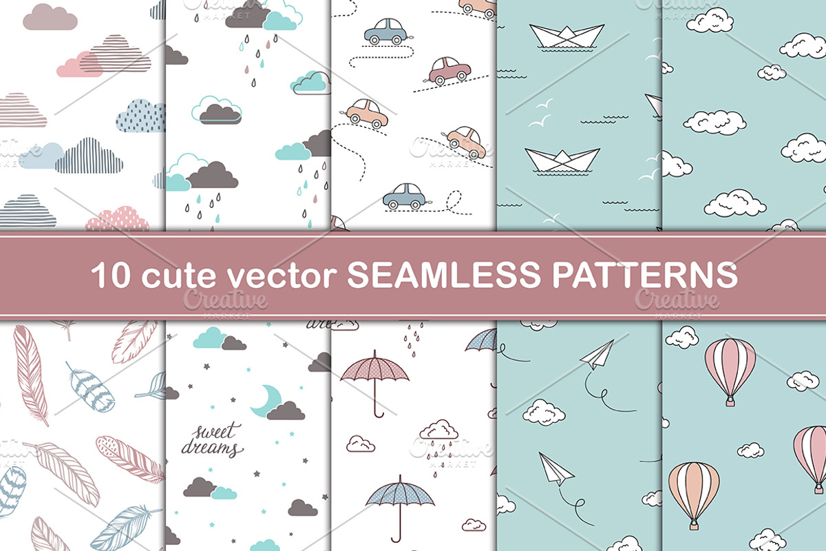 10 cute Vector Seamless Patterns, a Pattern Graphic by InkySplash (Photo 1 of 5)