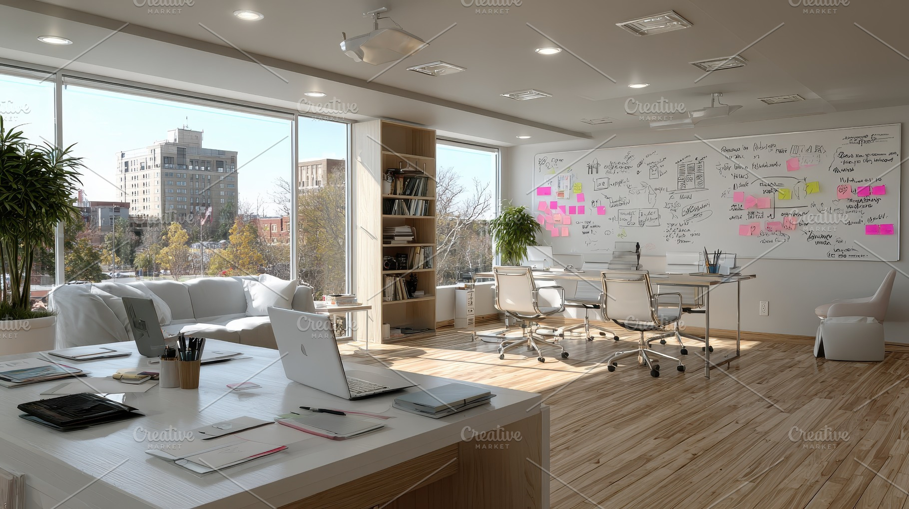 Modern office design bright workspac, a Photo by Pixeness Studio