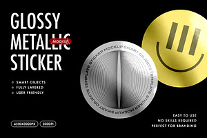 Round Glossy Metallic Sticker, a Pens & Pencil Mockup by Design Squad