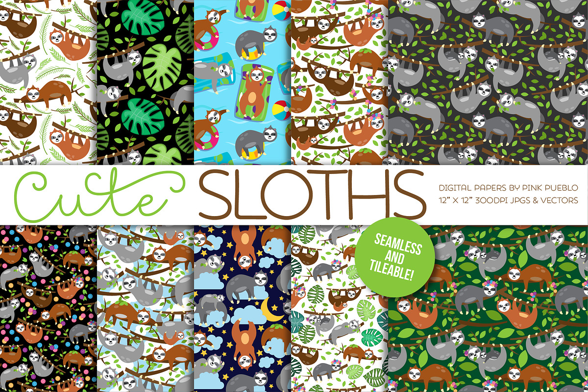 Sloth Patterns or Digital Papers, a Pattern Graphic by PinkPueblo (Photo 1 of 3)