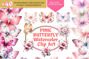 Watercolor Pink butterflies clipart