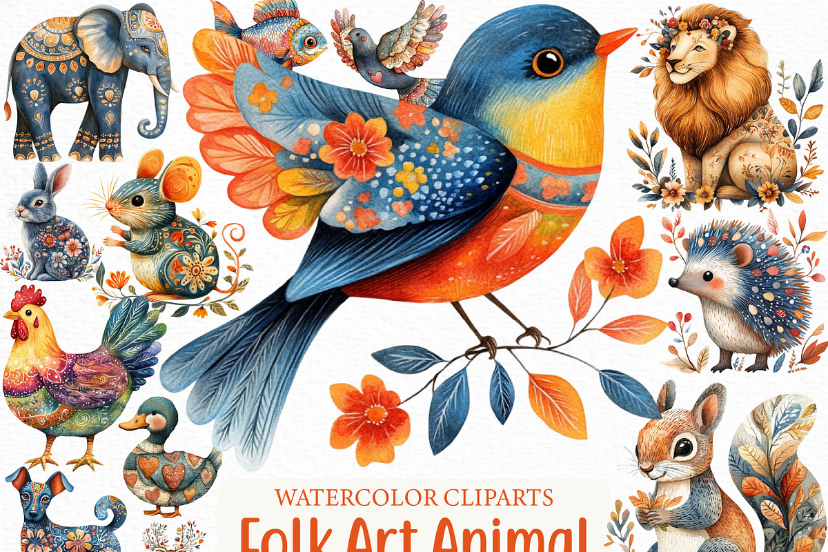 Watercolor Folk Art Animals Clipart, an Illustration by Craft Nest (Photo 1 of 6)