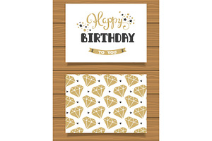 Happy Birthday Lettering Greeting Card And Its Reverse Side With An Abstract Design.