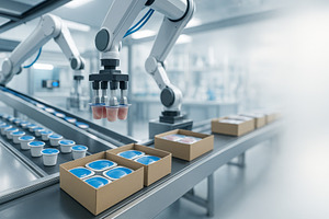Robotic food packaging system operat, a Photo by Dvoevnore photos
