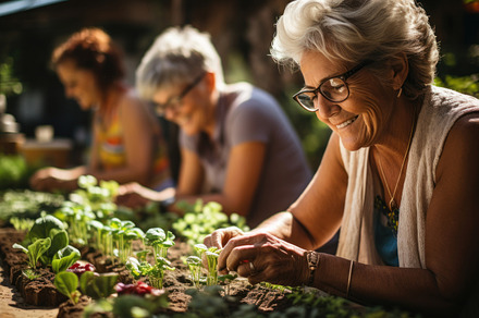 Portrait of happy senior woman holding seedlings in garden at ho, a Person Photo by AS photostudio