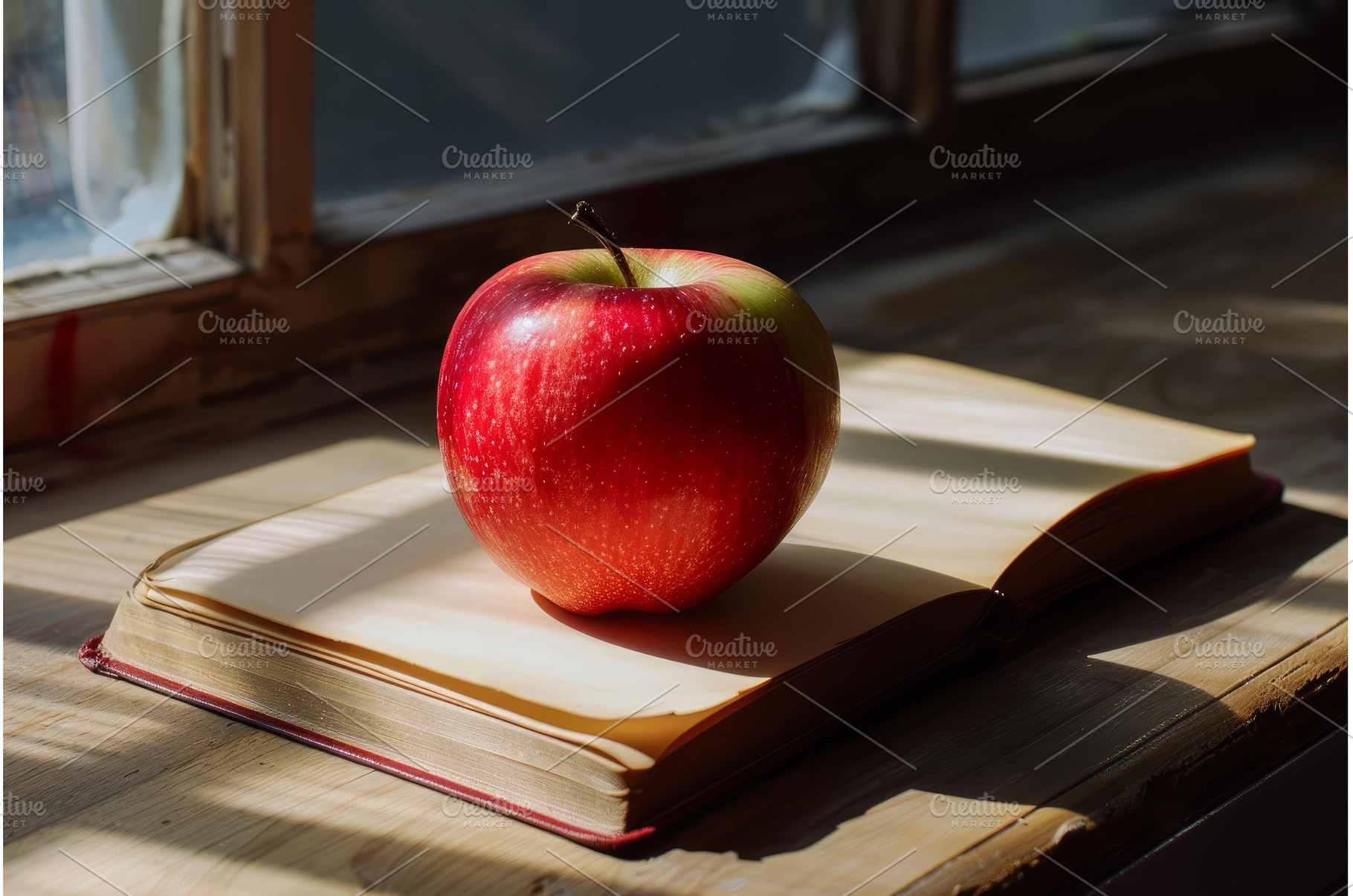 Red apple resting on open book by, a School & Education Photo by Ylivdesign