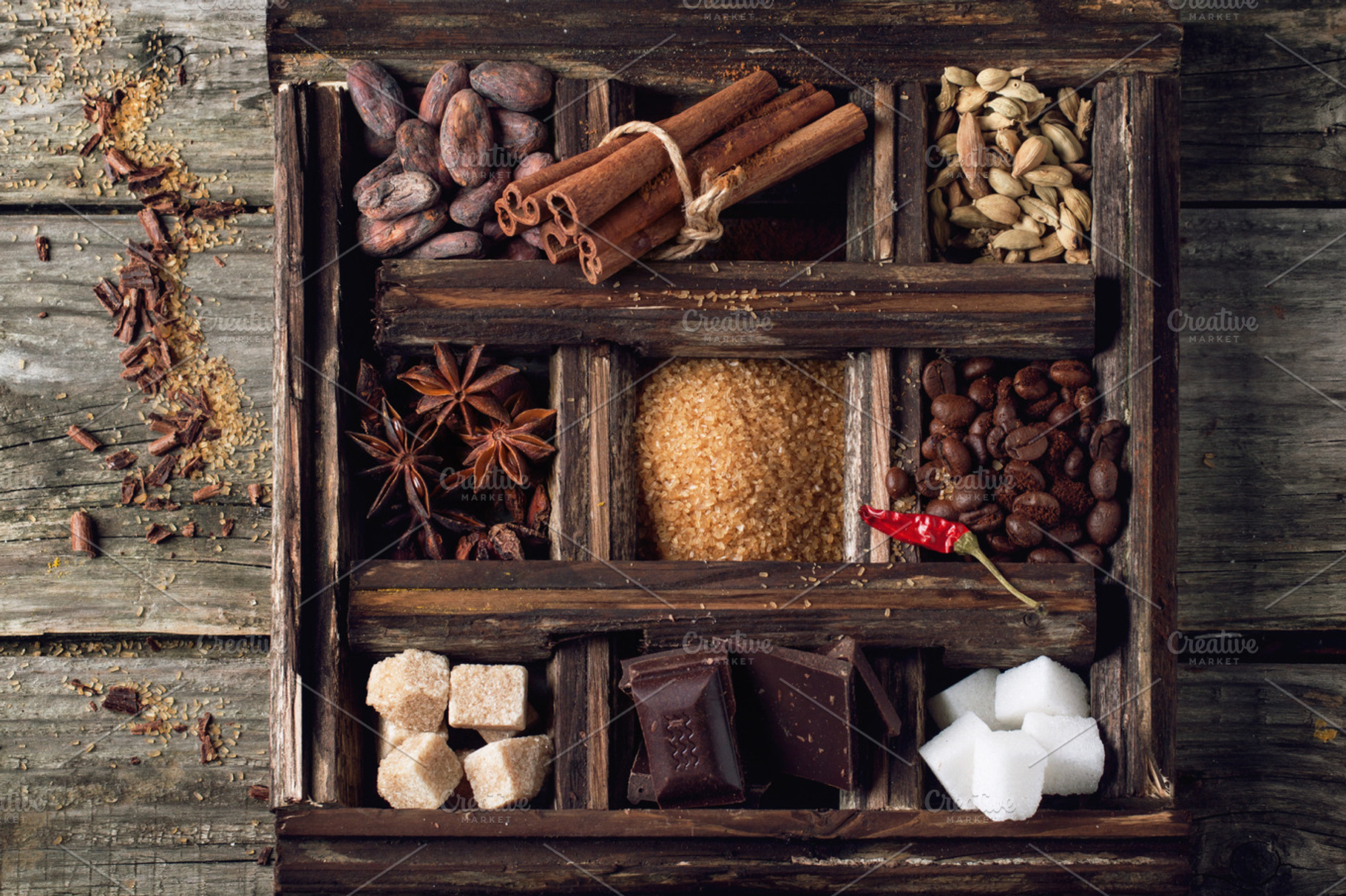 Coffe, chocolate, sugar and spices