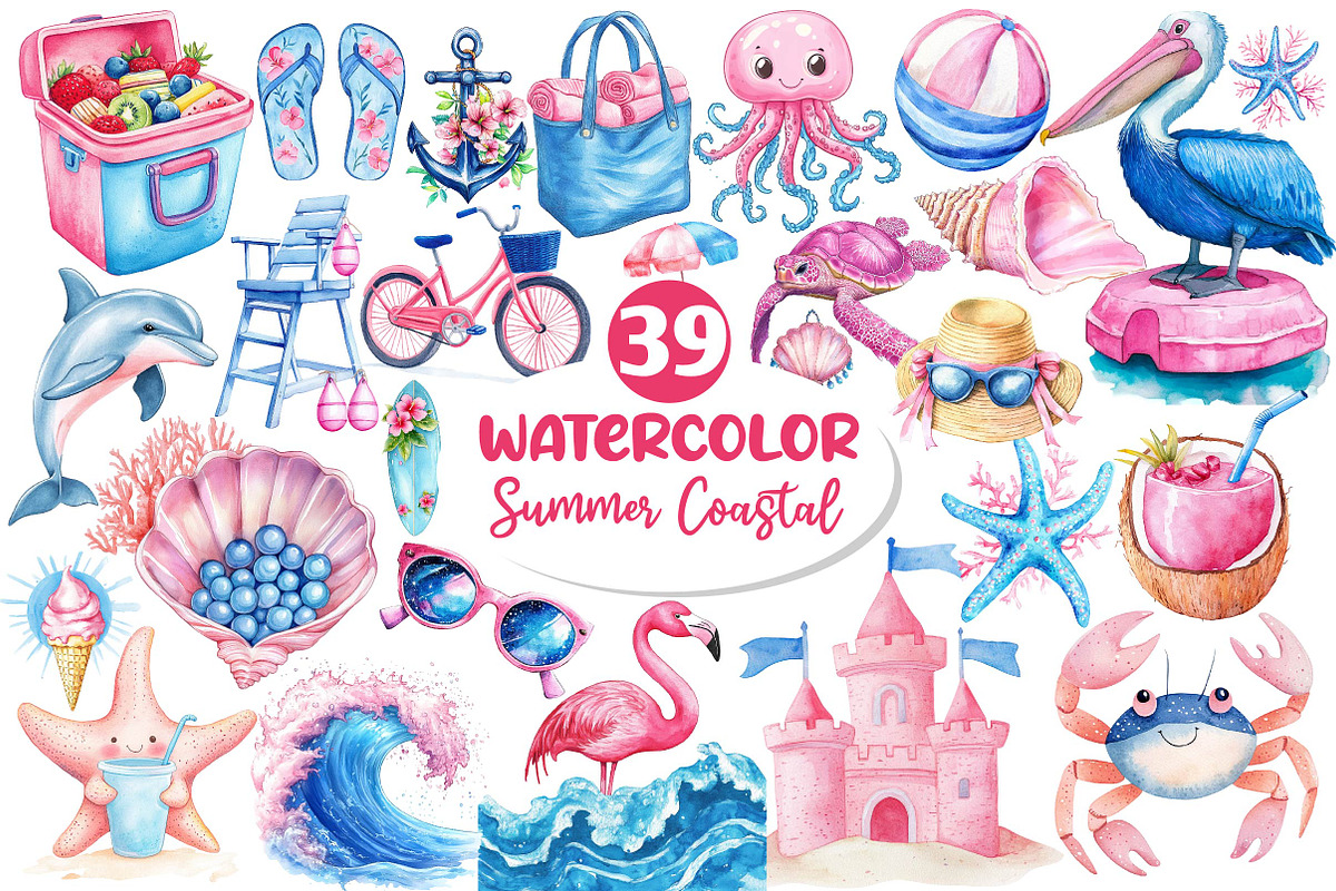Summer Pink & Blue Coastal Clipart, an Illustration by Dream Creation (Photo 1 of 4)