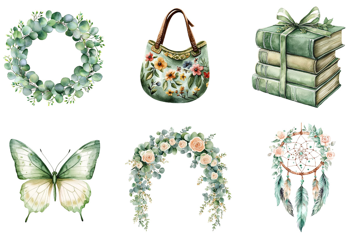 Watercolor Sage Green Boho Life Clip, an Illustration by Designking (Photo 2 of 5)