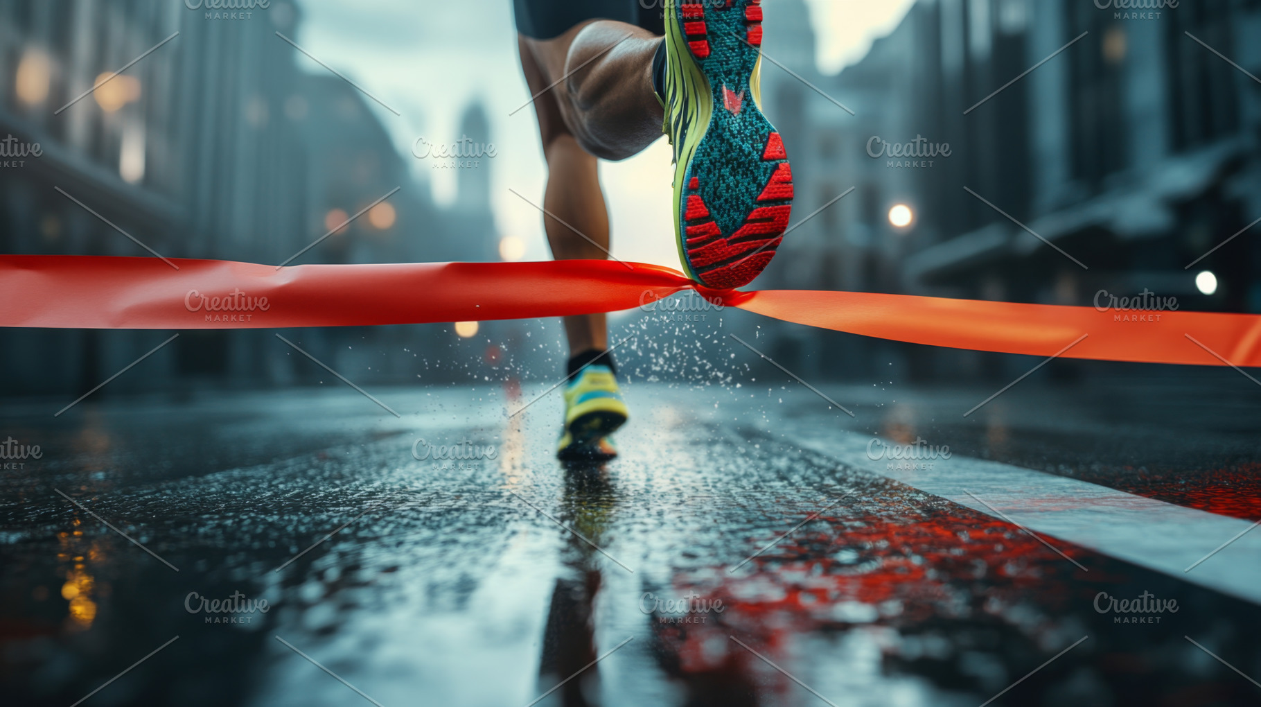 Runner Crossing Finish Line in Race on Wet Road, an Abstract Photo by Natalia Klenova's Shop