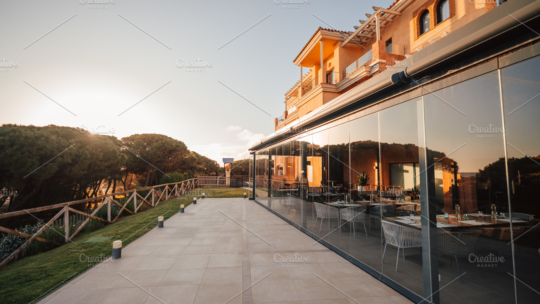 Modern terrace at golden sunset, an Architecture Photo by SkyNext