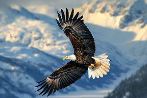 A bald eagle soars with spread wings flying in the sky on winter mountains back, an Animal Photo by AlyaAnd