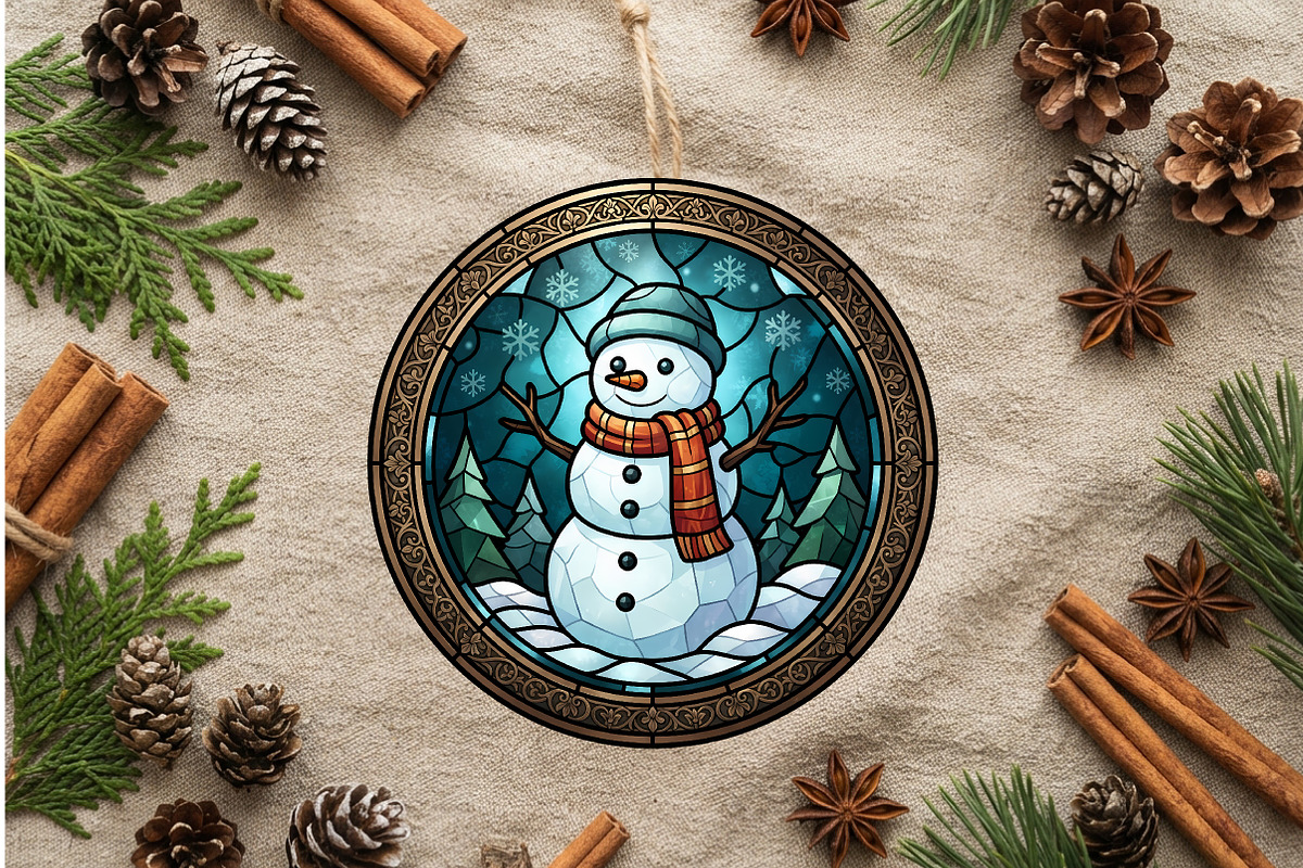 Stained Glass Snowman Ornament Art, a Seasonal Illustration by CrexoraLab (Photo 2 of 3)