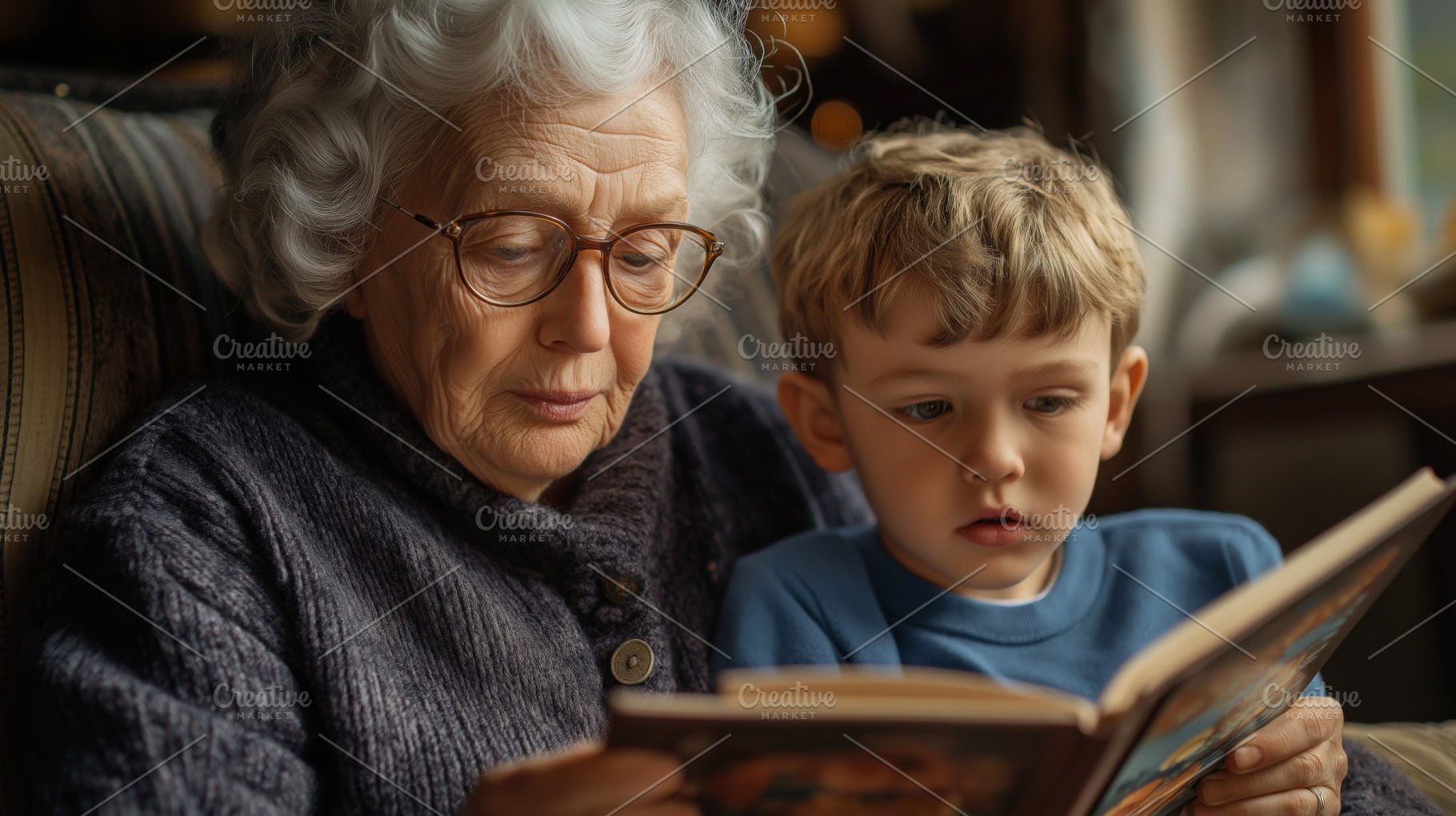 An elderly Caucasian woman shares a story with a young boy, creating a warm and, a Person Photo by ImageMir