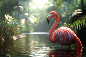 Graceful pink flamingo standing in lush tropical jungle water wi, an Animal Photo by José Manuel Gelpi