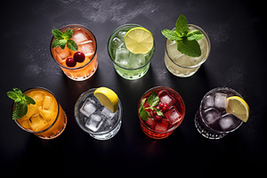 Flat lay of different alcohol cocktails on grey background, a Food & Drink Photo by AlyaAnd