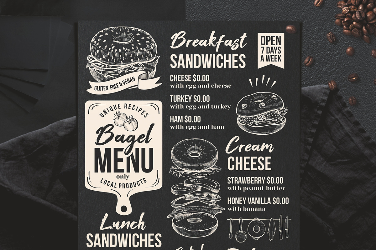 FREE! Trifold + Bagel Sandwich Menu, a Brochure Template by BarcelonaShop (Photo 3 of 5)