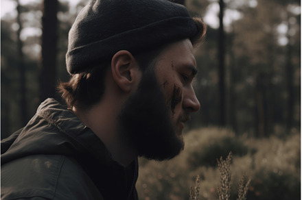 Man dirty face forest. Generate Ai, a Sports & Recreation Photo by Ylivdesign