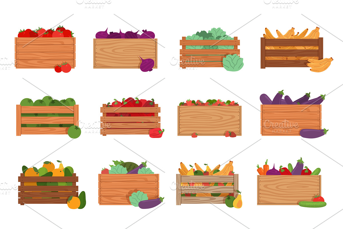 Wooden boxes with vegetables and, a Food Illustration by YummyBuum