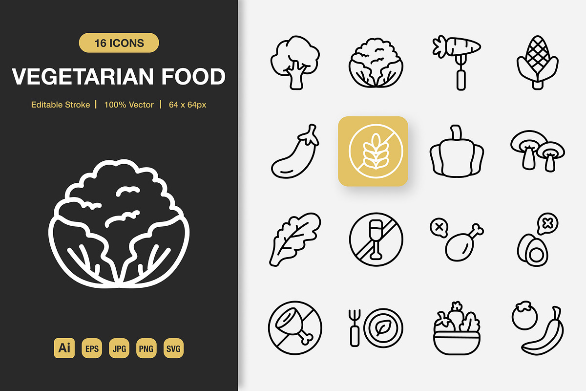 Vegetarian Food Outline Icons, an Outline Icon by Spacepixel Creative