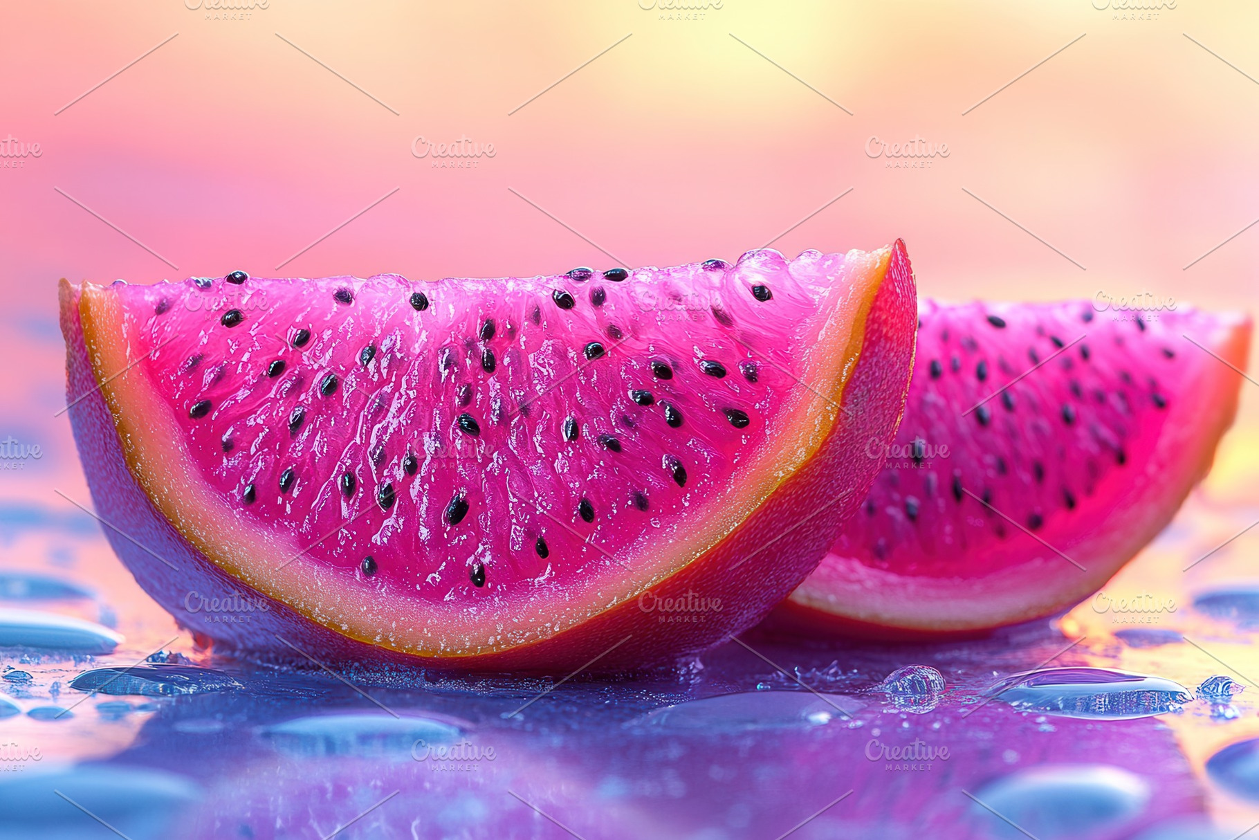 Fresh dragon fruit slices glistening, a Photo by Tanuart