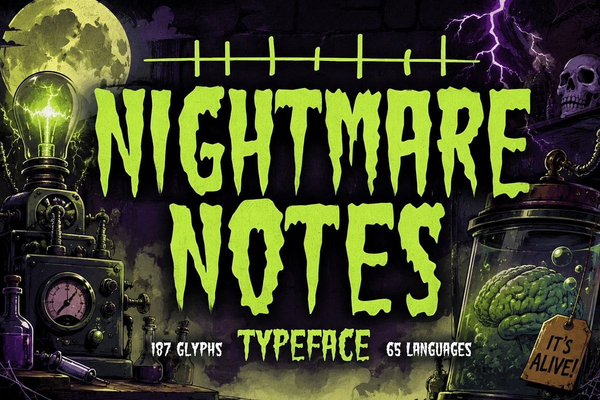Nightmare Notes - Frankenstein Type, a Sans Serif Font by HipFonts (Photo 1 of 7)