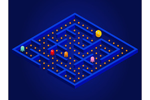 Pacman Game With Ghosts, Maze And User Interface. Video Game Vector Illustration