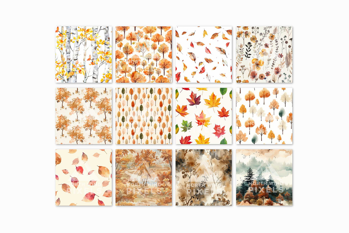 12 Watercolor Fall Landscape Pattern, a Pattern Graphic by NorthWindPixels