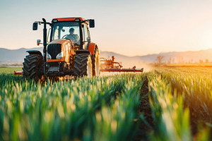 Tractor spraying crops at sunset, an Industrial Photo by AlyaAnd