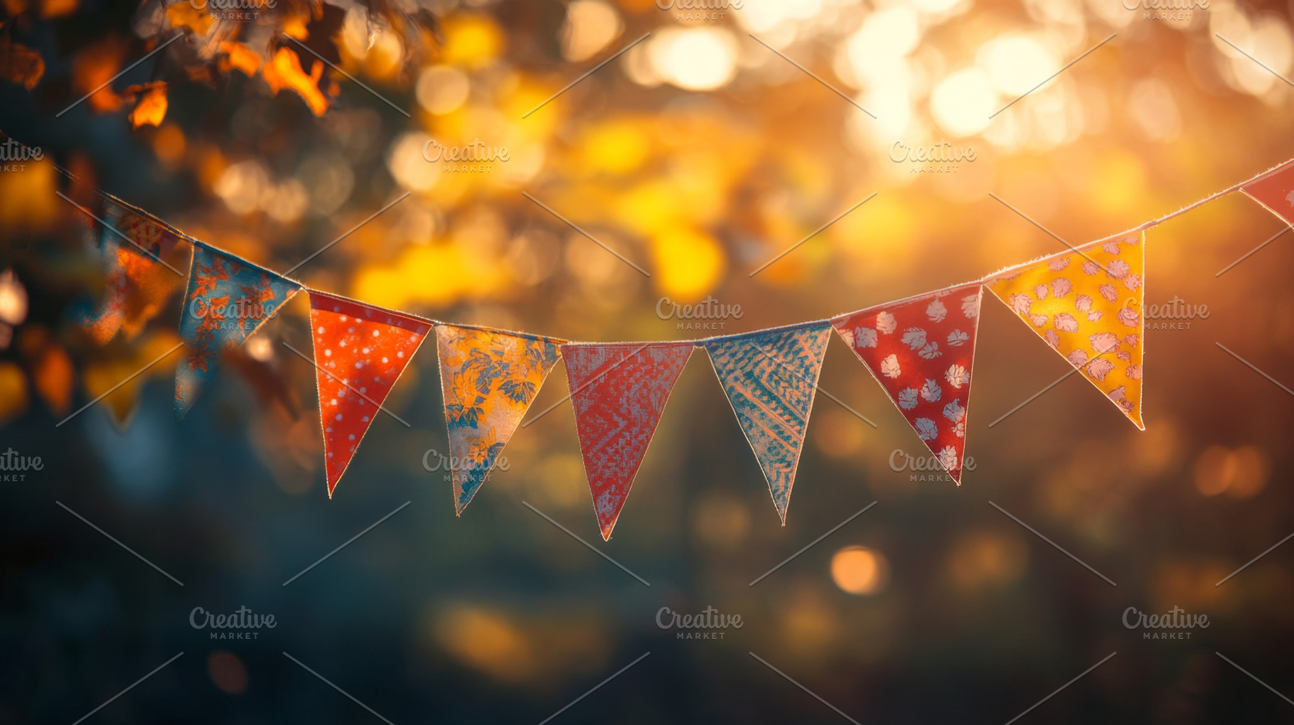 Festive Bunting Flags in Warm Golden Sunlight, an Abstract Photo by Natalia Klenova's Shop