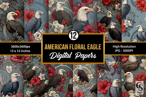 American Floral Eagle Digital Papers, a Pattern Graphic by Creative Store