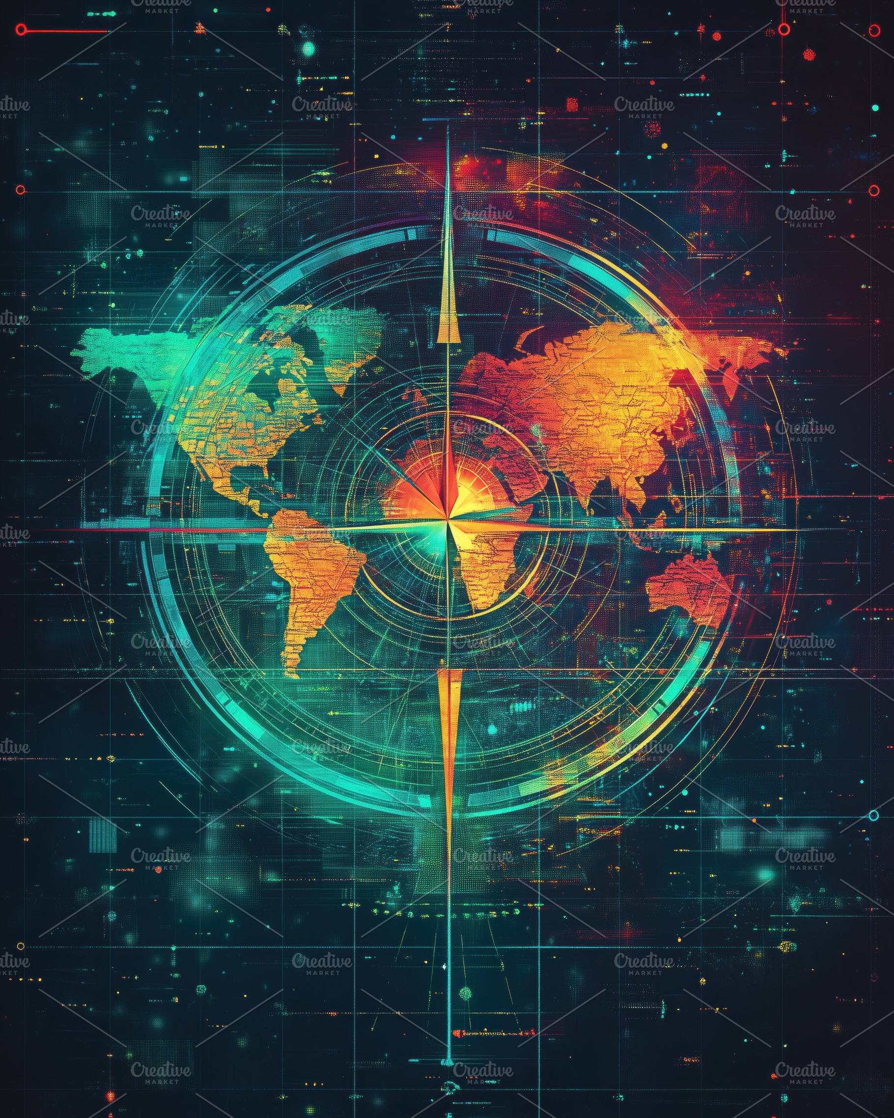 A digital world map with a futuristic design, featuring glowing ...